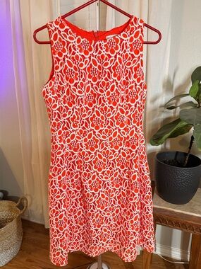 Eva Mendez Sleeveless Coral Red Floral Lace Sheath Mini Dress Women’s 8